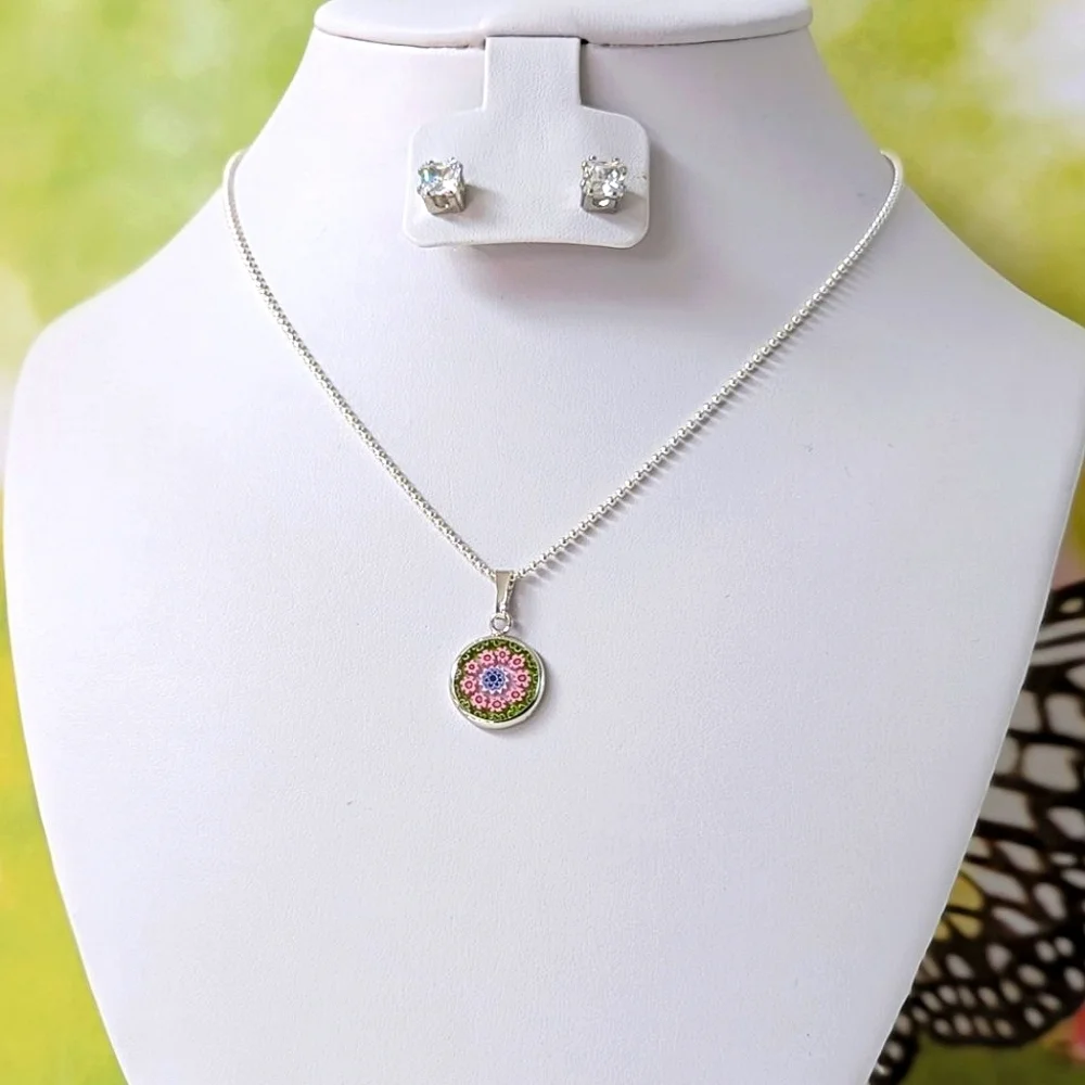 Italian Artisan Handcrafted Murano Millefiori Glass Pendant • Pink • Green - Picture 3 of 10